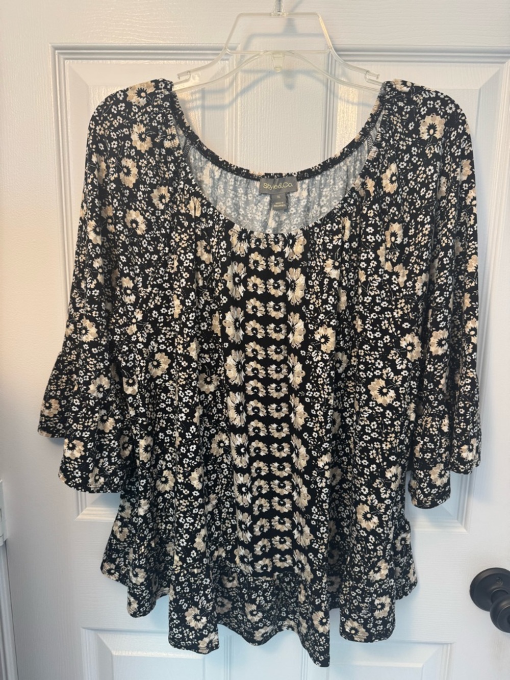 Style & Co black floral scoop neck boho peasant top flounced ruffle trim XL NWT